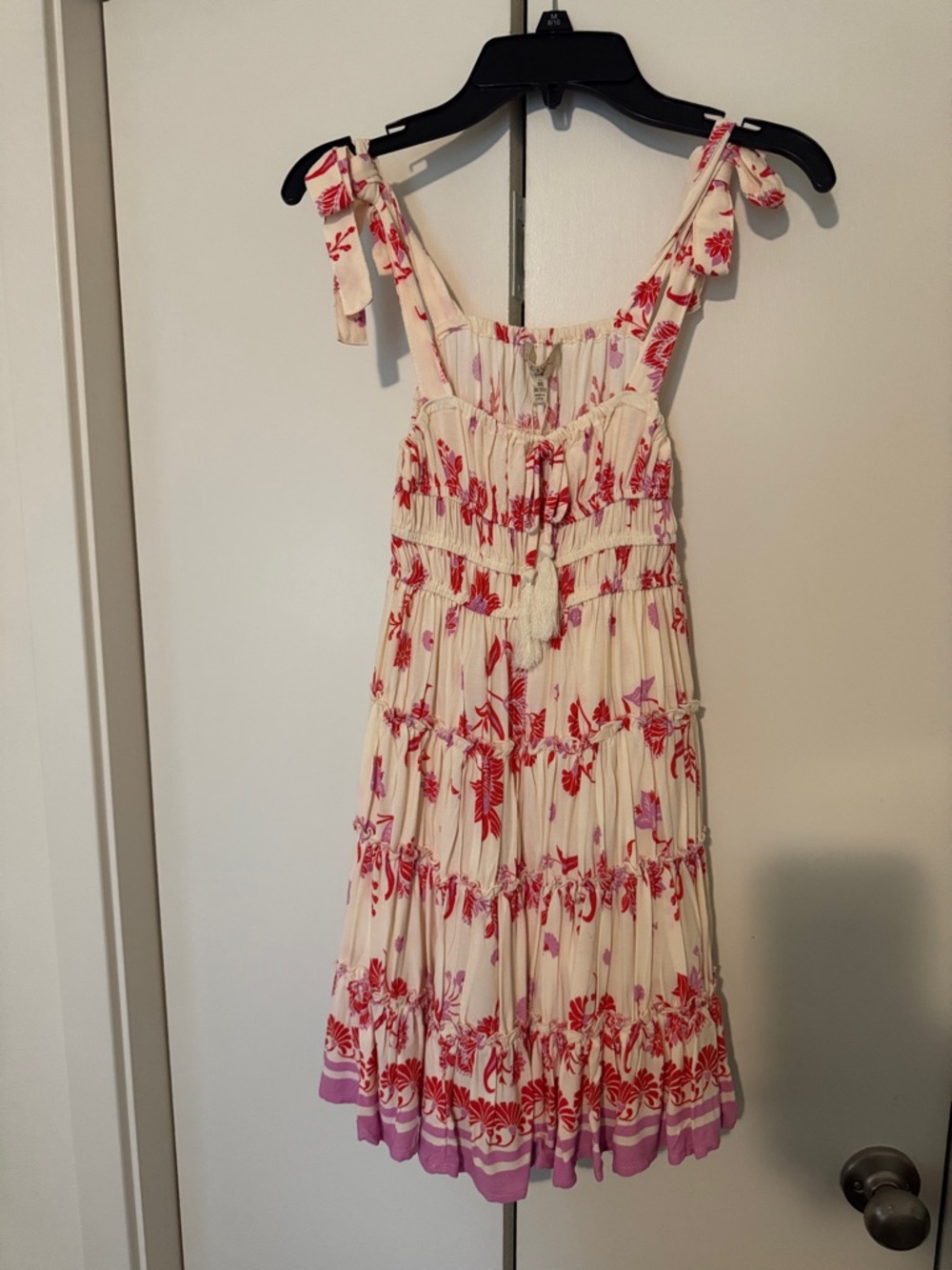 Girls Cream Floral Tie-Shoulder Sundress in Red & Pink